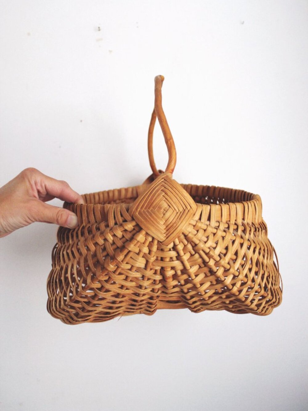 Vintage Buttocks Basket Melon Gathering Harvest Handwoven Wicker Handle Rustic F